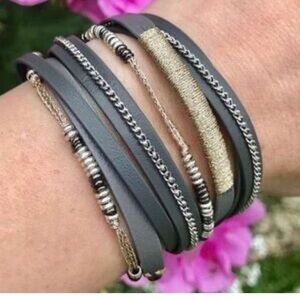 Stella & Dot Gray Wrap Bracelet w chain beads